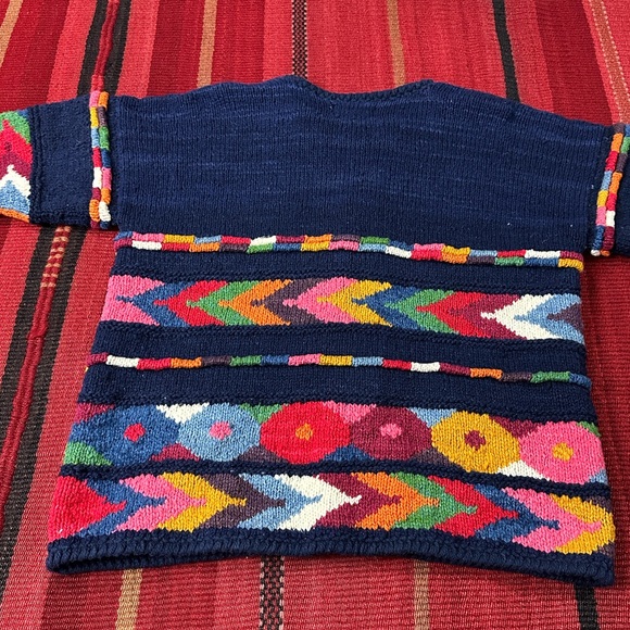 Vintage Express Tricot Handknitted Bolivian Wool Cardigan Navy Floral Boho - Picture 4 of 8